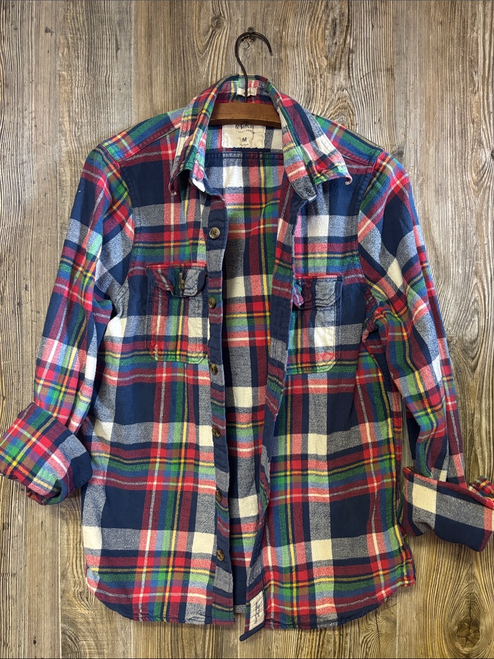 Abercrombie & Fitch Flannel Red Navy Green Plaid Button-Down Shirt size medium